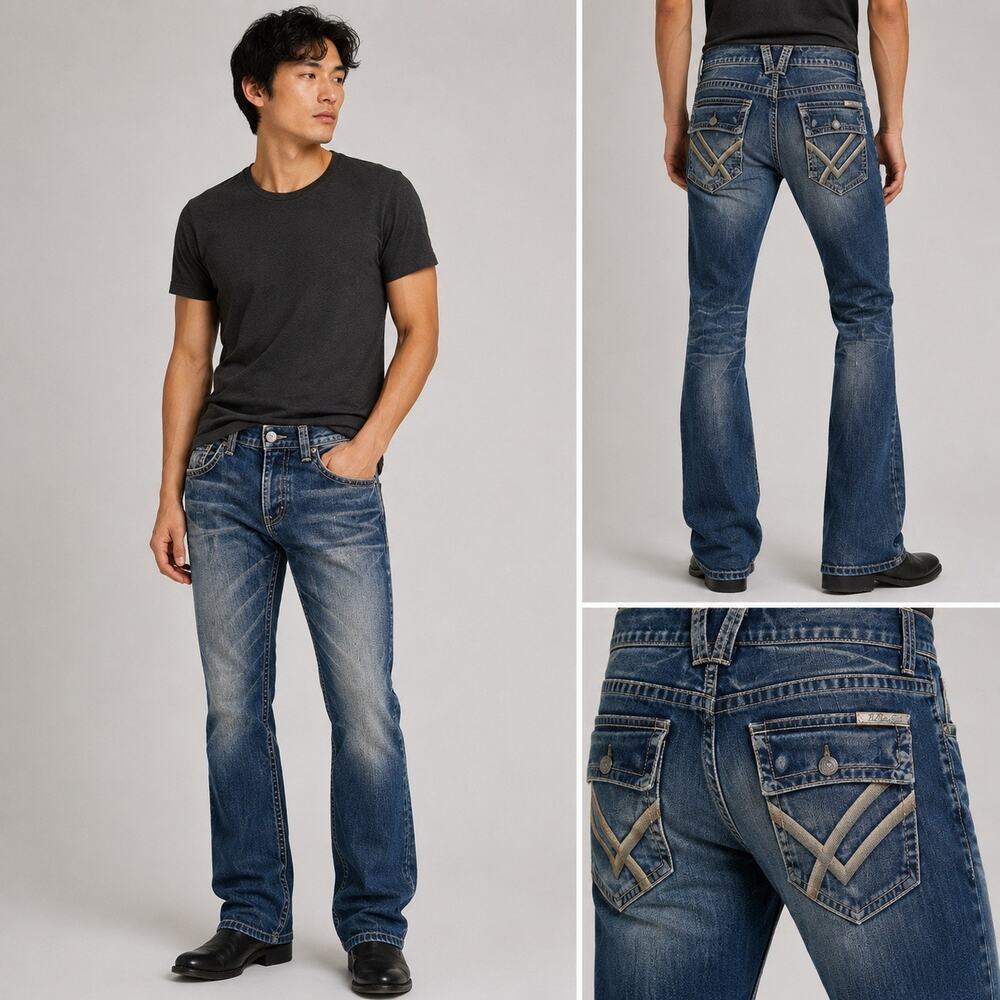 William Rast Men's 32 Straight Bootcut Jeans Blue Distressed Medium Wash Denim